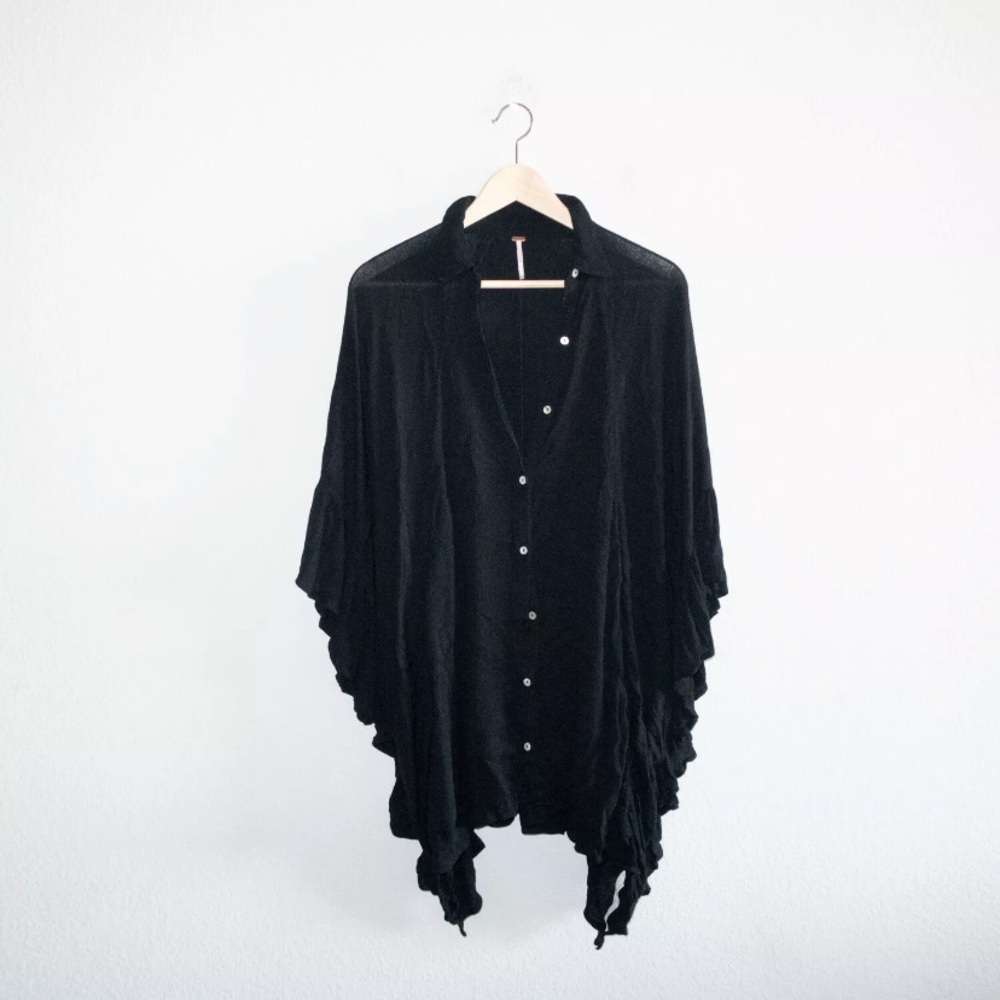 Free People Women's Button Down Black Loose Fit Top Size Medium